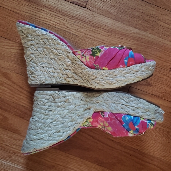Jessica Simpson pink floral canvas peep toe 5 inch wedge sandals sz 10 - Picture 4 of 7
